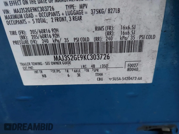 2019 Ford EcoSport SE with VIN MAJ3S2GE9KC303726, listed as a IAAI auction lot 41184694 with 61,468 mi miles and . Bid and sale history available at DreamBid. Image 9.