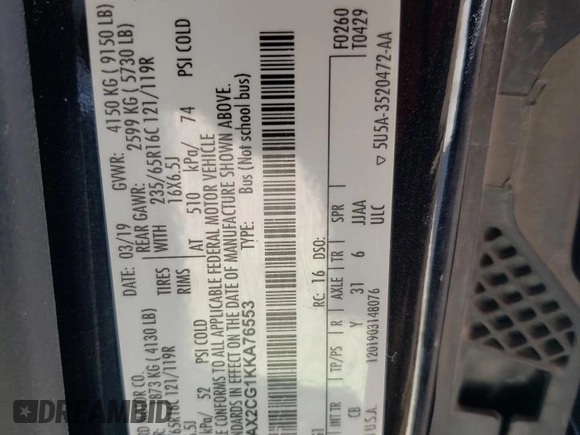 2019 Ford Transit Passenger XL with VIN 1FBAX2CG1KKA76553, listed as a Copart auction lot 61245855 with 81,984 mi miles and Salvage title. Bid and sale history available at DreamBid. Image 13.