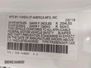 2018 Honda Accord EX-L z VIN 1HGCV2F55JA035062, wystawiony jako IAAI lot #42655072 z przebiegiem 55 437 mil mil oraz . Historia ofert i sprzedaży dostępna na DreamBid. Obrazek 9.