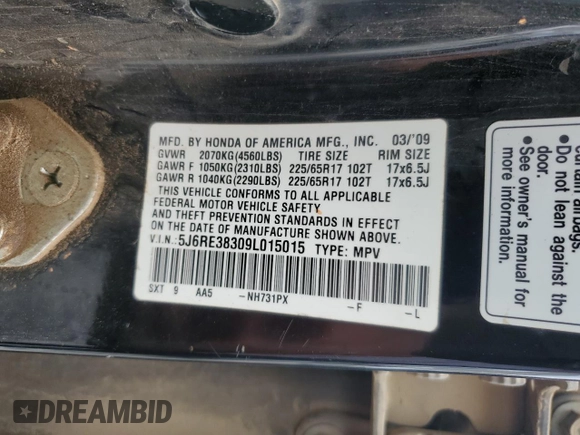 2009 Honda CR-V LX z VIN 5J6RE38309L015015, wystawiony jako Copart lot #56763035 z przebiegiem 211 946 mil mil oraz Szkoda całkowita • Salvage title. Historia ofert i sprzedaży dostępna na DreamBid. Obrazek 13.