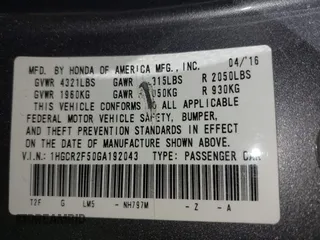 2016 Honda Accord Sport with VIN 1HGCR2F50GA192043, listed as a IAAI auction lot 42166241 with 141,973 mi miles and . Bid and sale history available at DreamBid. Image 9.