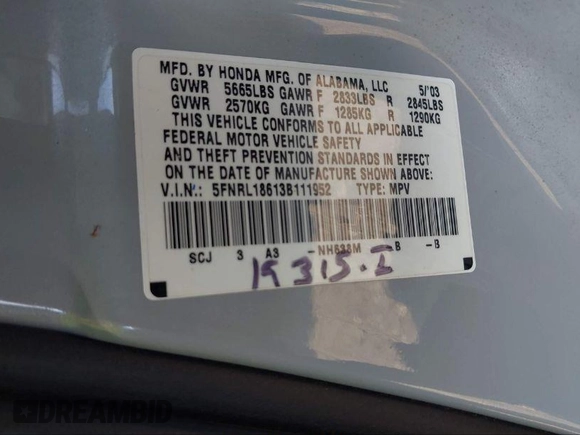 2003 Honda Odyssey EX z VIN 5FNRL18613B111952, wystawiony jako IAAI lot #40852383 z przebiegiem Nie podano mil oraz . Historia ofert i sprzedaży dostępna na DreamBid. Obrazek 8.