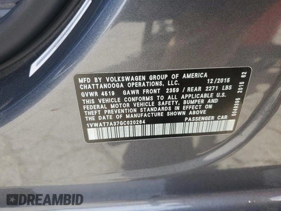 2016 Volkswagen Passat 1.8T S with VIN 1VWAT7A37GC020264, listed as a Copart auction lot 52545295 with 75,395 mi miles and Salvage Title. Bid and sale history available at carsss.com. Image 12.