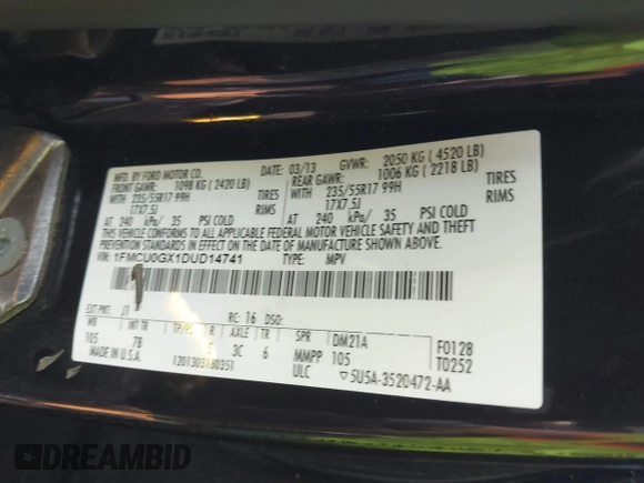 2013 Ford Escape SE with VIN 1FMCU0GX1DUD14741, listed as a IAAI auction lot 42481501 with Not provided miles and . Bid and sale history available at DreamBid. Image 9.