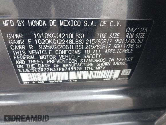 2023 Honda HR-V LX with VIN 3CZRZ2H37PM745529, listed as a IAAI auction lot 42508609 with Not provided miles and . Bid and sale history available at DreamBid. Image 9.