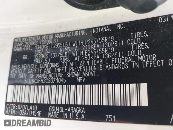 2012 Toyota Highlander Limited with VIN 5TDYK3EH3CS071045, listed as a IAAI auction lot 42755735 with 194,169 mi miles and . Bid and sale history available at DreamBid. Image 9.