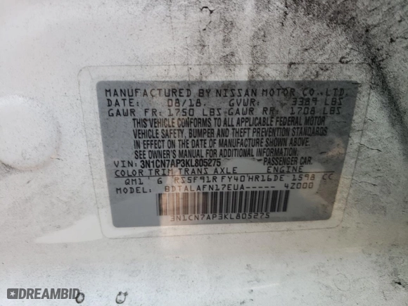 2019 Nissan Versa Sedan SV with VIN 3N1CN7AP3KL805275, listed as a Copart auction lot 77778134 with 163,695 mi miles and Salvage Title. Bid and sale history available at carsss.com. Image 12.