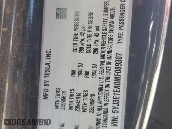 2021 Tesla Model 3 Standard Range Plus z VIN 5YJ3E1EA0MF089307, wystawiony jako Copart lot #50575465 z przebiegiem 131 251 mil mil oraz Szkody całkowita. Historia ofert i sprzedaży dostępna na DreamBid. Obrazek 12.