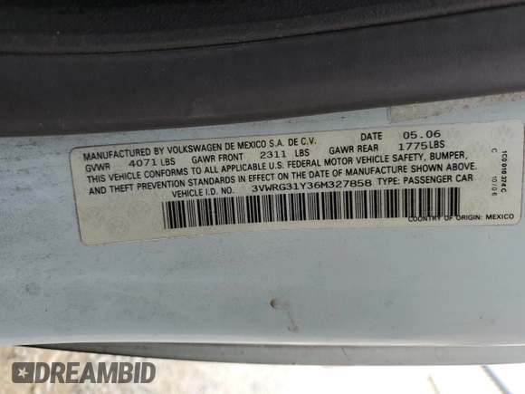 2006 Volkswagen Beetle с VIN 3VWRG31Y36M327858, выставлен на аукционе Copart как лот 79322154 с пробегом 158 142 миль миль и Списание • Salvage title. История ставок и продаж доступна на DreamBid. Изображение 12.