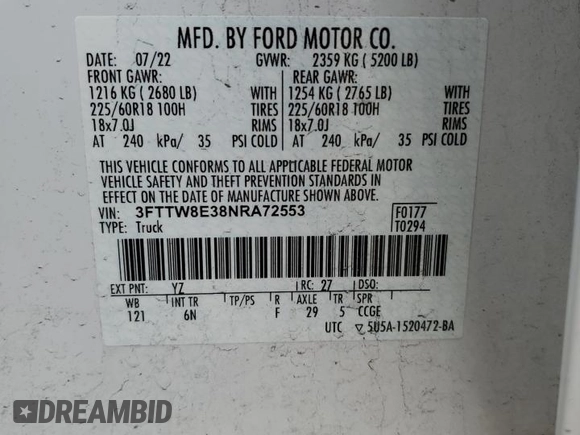 2022 Ford Maverick XL with VIN 3FTTW8E38NRA72553, listed as a Copart auction lot 46357695 with 29,937 mi miles and Salvage Title. Bid and sale history available at DreamBid. Image 12.