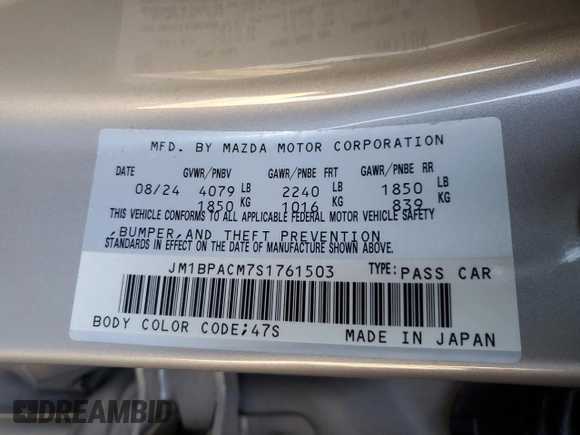 2025 Mazda 3 S Preferred with VIN JM1BPACM7S1761503, listed as a Copart auction lot 52154275 with 9,531 mi miles and Non Repairable. Bid and sale history available at DreamBid. Image 12.