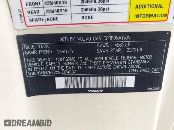 2009 Volvo C70 с VIN YV1MC672X9J074837, выставлен на аукционе IAAI как лот 42283168 с пробегом 93 174 миль миль и . История ставок и продаж доступна на DreamBid. Изображение 9.
