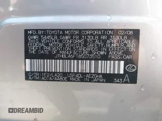 2008 Lexus LS 460 with VIN JTHBL46F185073510, listed as a IAAI auction lot 42347422 with 150,114 mi miles and . Bid and sale history available at DreamBid. Image 9.