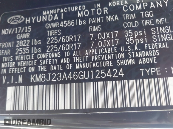 2016 Hyundai Tucson SE z VIN KM8J23A46GU125424, wystawiony jako IAAI lot #42349510 z przebiegiem 112 133 mil mil oraz . Historia ofert i sprzedaży dostępna na DreamBid. Obrazek 9.