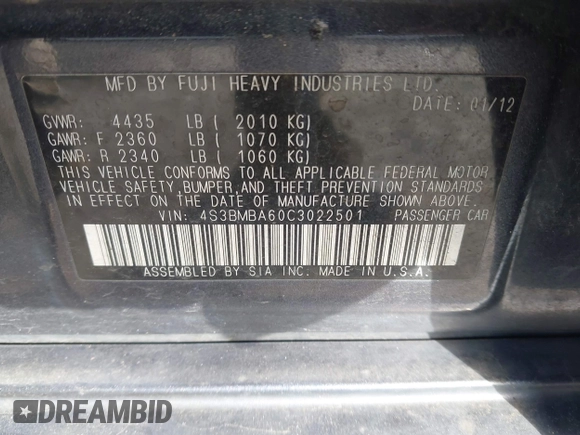 2012 Subaru Legacy 2.5i z VIN 4S3BMBA60C3022501, wystawiony jako IAAI lot #41665556 z przebiegiem 179 134 mil mil oraz . Historia ofert i sprzedaży dostępna na DreamBid. Obrazek 9.