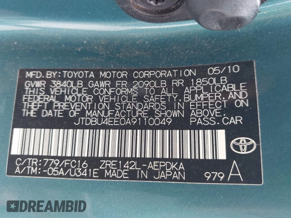 2010 Toyota Corolla with VIN JTDBU4EE0A9110049, listed as a IAAI auction lot 42468082 with 322,781 mi miles and . Bid and sale history available at DreamBid. Image 9.
