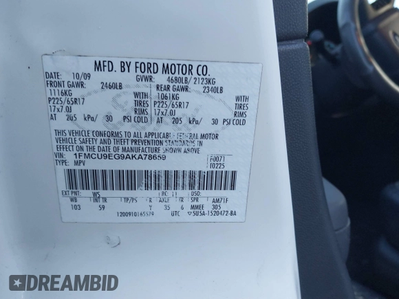 2010 Ford Escape Limited z VIN 1FMCU9EG9AKA78659, wystawiony jako IAAI lot #41089881 z przebiegiem 213 814 mil mil oraz . Historia ofert i sprzedaży dostępna na DreamBid. Obrazek 9.