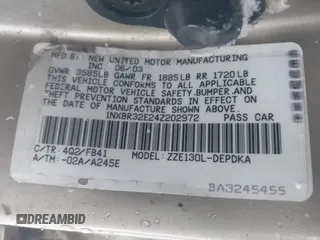 2004 Toyota Corolla CE with VIN 1NXBR32E24Z202972, listed as a IAAI auction lot 41210085 with 210,250 mi miles and . Bid and sale history available at DreamBid. Image 9.