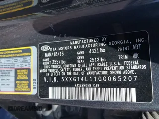 2016 Kia Optima LX Turbo with VIN 5XXGT4L11GG065207, listed as a IAAI auction lot 41770660 with 108,646 mi miles. Bid and sale history available at carsss.com. Image 9.