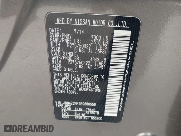 2014 Infiniti QX80 with VIN JN8AZ2NF5E9556556, listed as a IAAI auction lot 42455689 with 237,980 mi miles and . Bid and sale history available at DreamBid. Image 9.