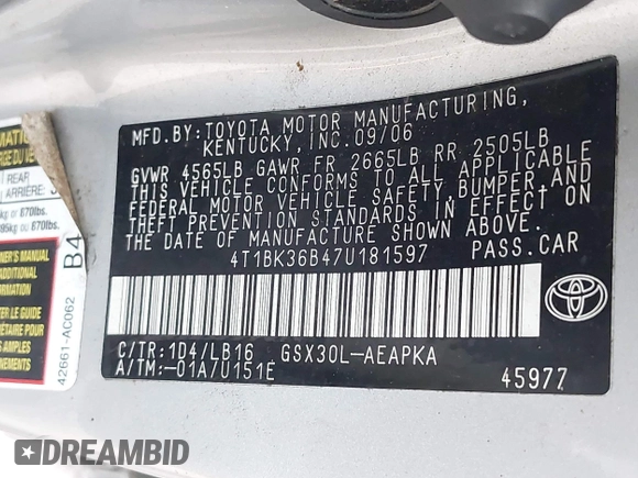 2007 Toyota Avalon XL z VIN 4T1BK36B47U181597, wystawiony jako IAAI lot #42379153 z przebiegiem 172 022 mil mil oraz . Historia ofert i sprzedaży dostępna na DreamBid. Obrazek 9.