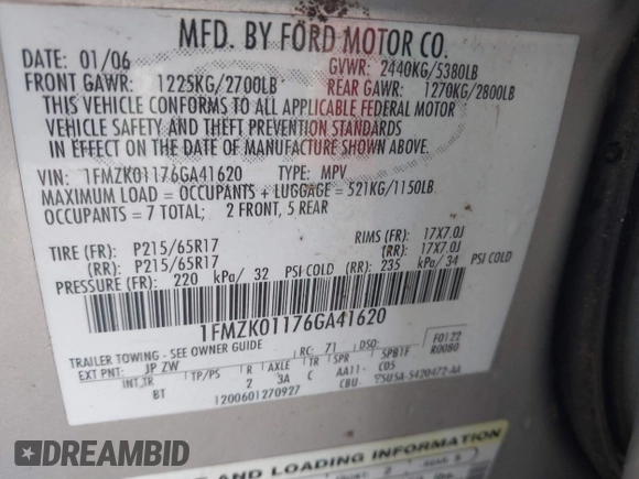 2006 Ford Freestyle SE z VIN 1FMZK01176GA41620, wystawiony jako IAAI lot #41703818 z przebiegiem 169 954 mil mil oraz . Historia ofert i sprzedaży dostępna na DreamBid. Obrazek 9.