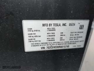2024 Tesla Cybertruck with VIN 7G2CEHED8RA015749, listed as a IAAI auction lot 41731902 with 13,822 mi miles. Bid and sale history available at carsss.com. Image 9.