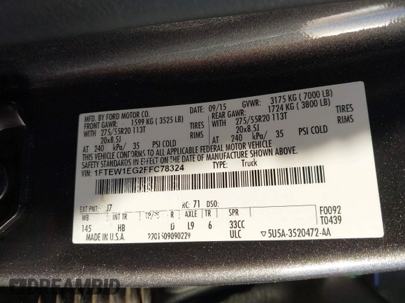 2015 Ford F-150 XLT with VIN 1FTEW1EG2FFC78324, listed as a IAAI auction lot 40708845 with 123,939 mi miles. Bid and sale history available at carsss.com. Image 9.