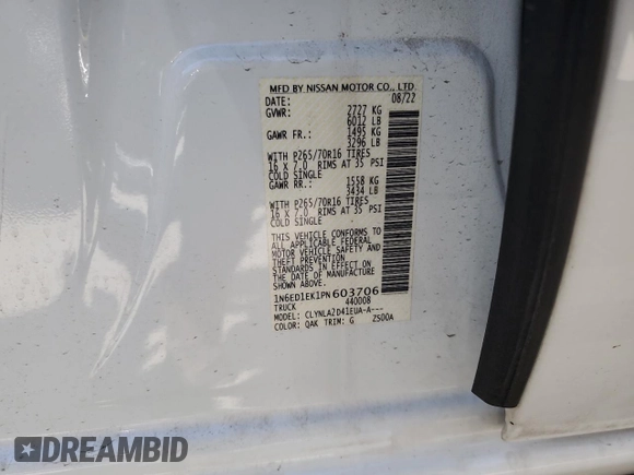 2023 Nissan Frontier Pro-4X with VIN 1N6ED1EK1PN603706, listed as a Copart auction lot 52918455 with Not provided miles and Salvage title. Bid and sale history available at DreamBid. Image 12.