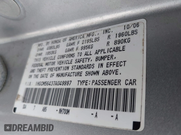 2007 Honda Accord LX with VIN 1HGCM56437A049997, listed as a IAAI auction lot 42424854 with 250,811 mi miles and . Bid and sale history available at DreamBid. Image 9.