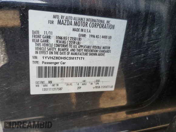 2012 Mazda 6 i Touring with VIN 1YVHZ8DH5C5M17171, listed as a Copart auction lot 59031505 with 162,104 mi miles and Salvage title. Bid and sale history available at DreamBid. Image 12.