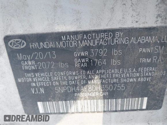 2013 Hyundai Elantra GLS z VIN 5NPDH4AE8DH350755, wystawiony jako IAAI lot #42148711 z przebiegiem Nie podano mil oraz . Historia ofert i sprzedaży dostępna na DreamBid. Obrazek 9.