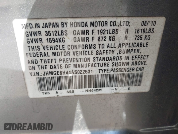 2010 Honda Fit Sport with VIN JHMGE8H44AS022531, listed as a IAAI auction lot 42364418 with 274,795 mi miles and . Bid and sale history available at DreamBid. Image 9.