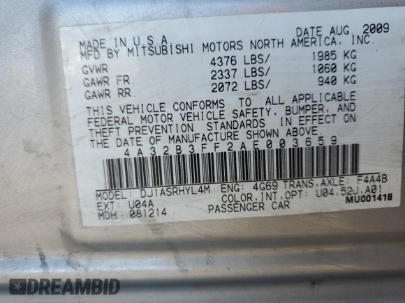 2010 Mitsubishi Galant ES with VIN 4A32B3FF2AE003659, listed as a Copart auction lot 87859515 with 127,725 mi miles and Salvage Title. Bid and sale history available at carsss.com. Image 12.