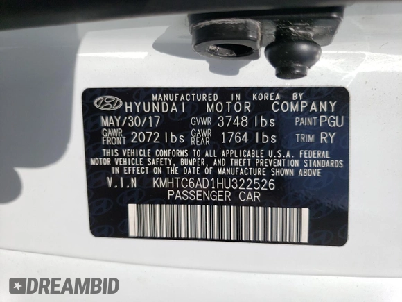 2017 Hyundai Veloster with VIN KMHTC6AD1HU322526, listed as a Copart auction lot 49550693 with 47,781 mi miles. Bid and sale history available at carsss.com. Image 13.