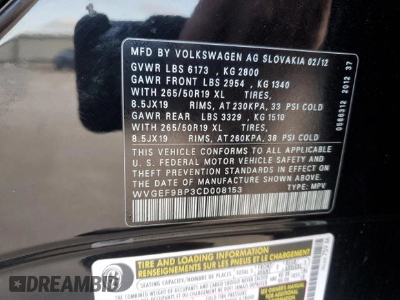 2012 Volkswagen Touareg Exec with VIN WVGEF9BP3CD008153, listed as a Copart auction lot 84255374 with Not Provided miles and Salvage Title. Bid and sale history available at DreamBid. Image 12.