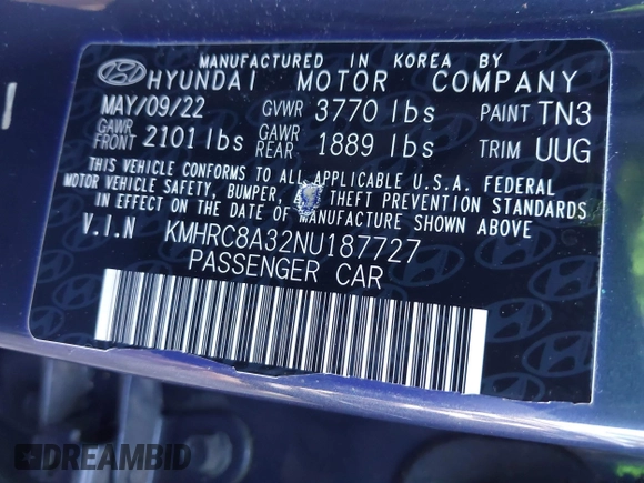2022 Hyundai Venue Limited with VIN KMHRC8A32NU187727, listed as a IAAI auction lot 41248613 with 48,923 mi miles and . Bid and sale history available at DreamBid. Image 9.