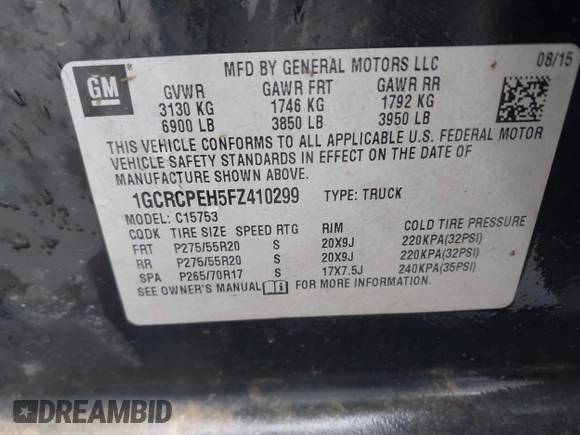 2015 Chevrolet Silverado 1500 LS with VIN 1GCRCPEH5FZ410299, listed as a IAAI auction lot 41106429 with 154,124 mi miles and . Bid and sale history available at DreamBid. Image 9.