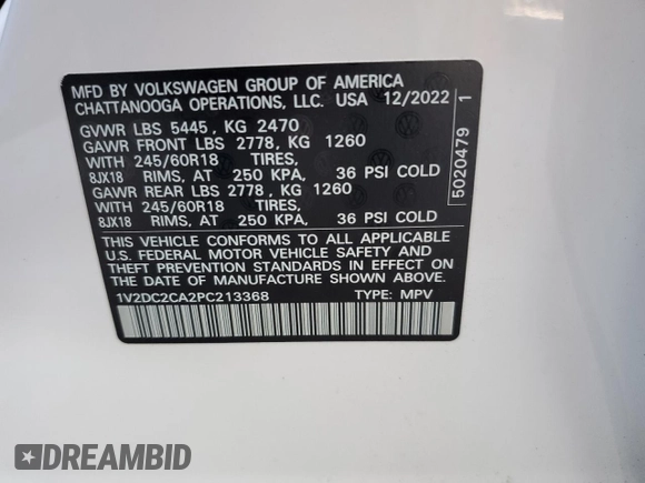 2023 Volkswagen Atlas SE with VIN 1V2DC2CA2PC213368, listed as a Copart auction lot 75550304 with 12,344 mi miles and Salvage title. Bid and sale history available at DreamBid. Image 12.