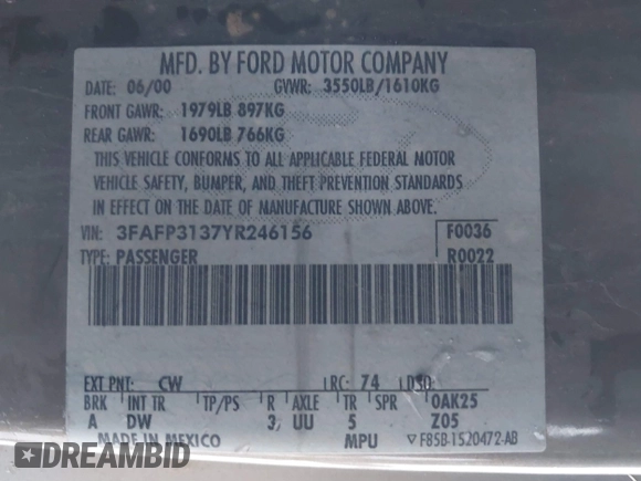 2000 Ford Focus ZX3 with VIN 3FAFP3137YR246156, listed as a IAAI auction lot 41330476 with 209,212 mi miles and . Bid and sale history available at DreamBid. Image 9.