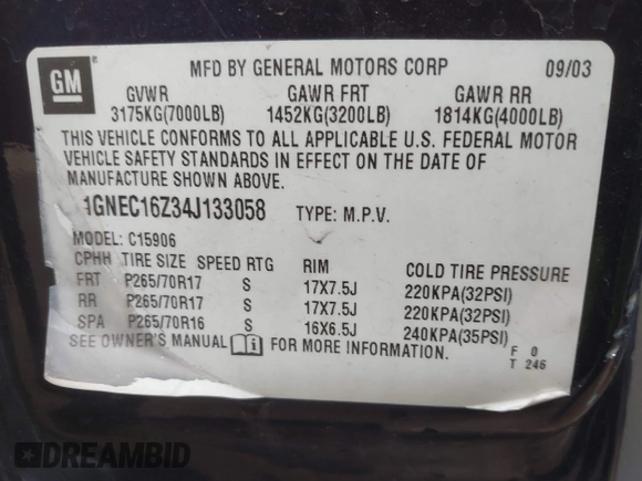 2004 Chevrolet Suburban LT with VIN 1GNEC16Z34J133058, listed as a IAAI auction lot 41200786 with 254,131 mi miles. Bid and sale history available at carsss.com. Image 9.