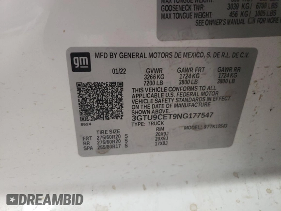 2022 GMC Sierra 1500 Elevation with VIN 3GTU9CET9NG177547, listed as a Copart auction lot 65953654 with 68,249 mi miles and Salvage Title. Bid and sale history available at DreamBid. Image 13.