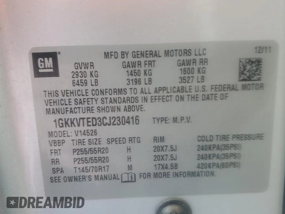 2012 GMC Acadia Denali with VIN 1GKKVTED3CJ230416, listed as a Copart auction lot 52374555 with 147,840 mi miles and Salvage Title. Bid and sale history available at carsss.com. Image 16.