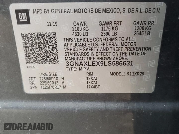 2020 Chevrolet Equinox LT with VIN 3GNAXLEX9LS586631, listed as a Copart auction lot 47949915 with 0 mi miles and Salvage Title. Bid and sale history available at carsss.com. Image 15.