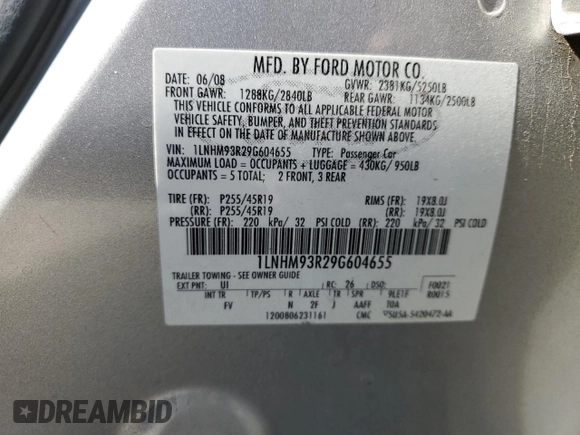 2009 Lincoln MKS with VIN 1LNHM93R29G604655, listed as a Copart auction lot 54019505 with 170,607 mi miles and Salvage Title. Bid and sale history available at DreamBid. Image 12.