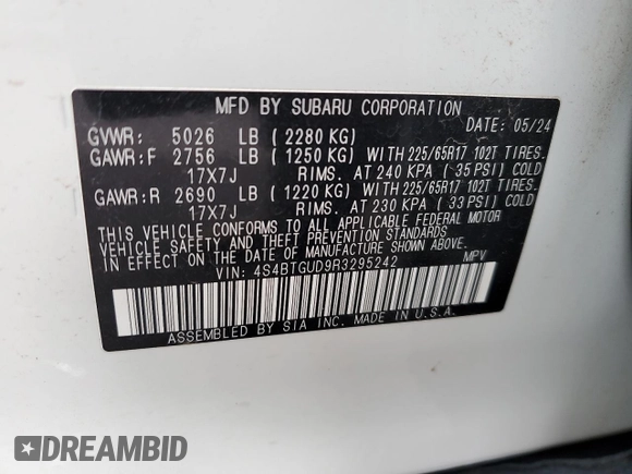 2024 Subaru Outback Wilderness with VIN 4S4BTGUD9R3295242, listed as a Copart auction lot 61982425 with 9,530 mi miles and Salvage title. Bid and sale history available at DreamBid. Image 13.