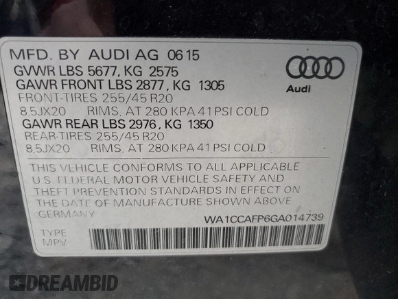2016 Audi SQ5 Premium Plus with VIN WA1CCAFP6GA014739, listed as a Copart auction lot 69891042 with 84,106 mi miles. Bid and sale history available at carsss.com. Image 13.