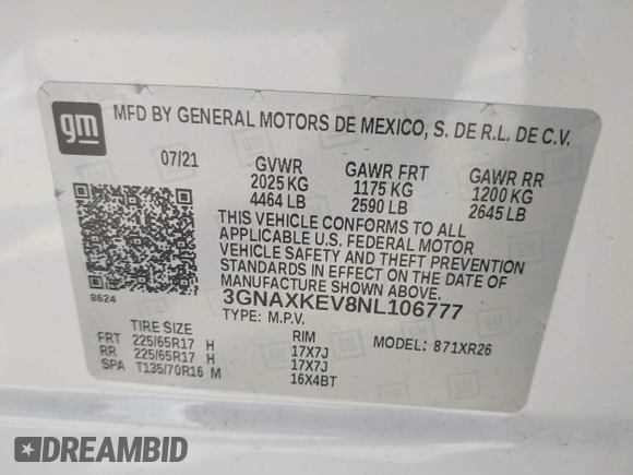 2022 Chevrolet Equinox LT with VIN 3GNAXKEV8NL106777, listed as a IAAI auction lot 42013199 with 52,863 mi miles. Bid and sale history available at carsss.com. Image 9.
