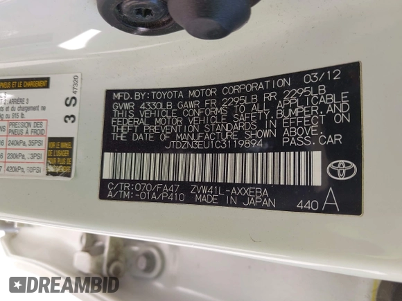 2012 Toyota Prius Two z VIN JTDZN3EU1C3119894, wystawiony jako IAAI lot #42235626 z przebiegiem 108 398 mil mil oraz . Historia ofert i sprzedaży dostępna na DreamBid. Obrazek 9.