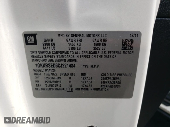 2012 GMC Acadia SLT2 with VIN 1GKKRSED6CJ221434, listed as a Copart auction lot 64837533 with 129,401 mi miles and Salvage Title. Bid and sale history available at carsss.com. Image 13.
